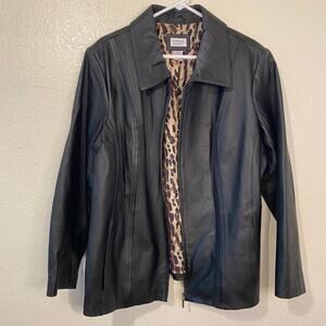 VTG George Full Zip Black Genuine Leather Leopard Animal Print Jacket Plus Sz 2X